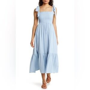 New Smocked Tie Strap Cotton Gauze Midi Sundress light blue size medium